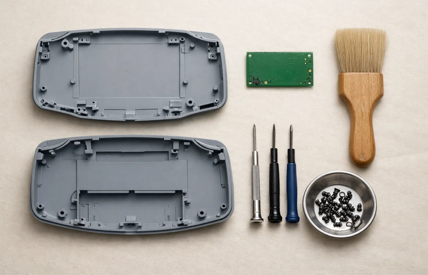 Coque de console démontée, carte électronique, tournevis et pinceau sur l’établi de l’atelier